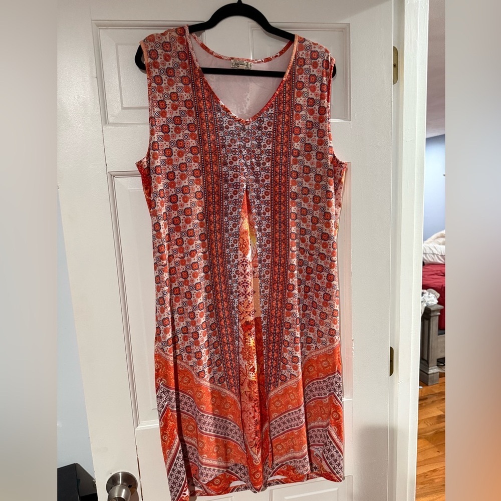 One World Micro Jersey Embellished Printed Mesh Overlay V-Neck mudi Dress